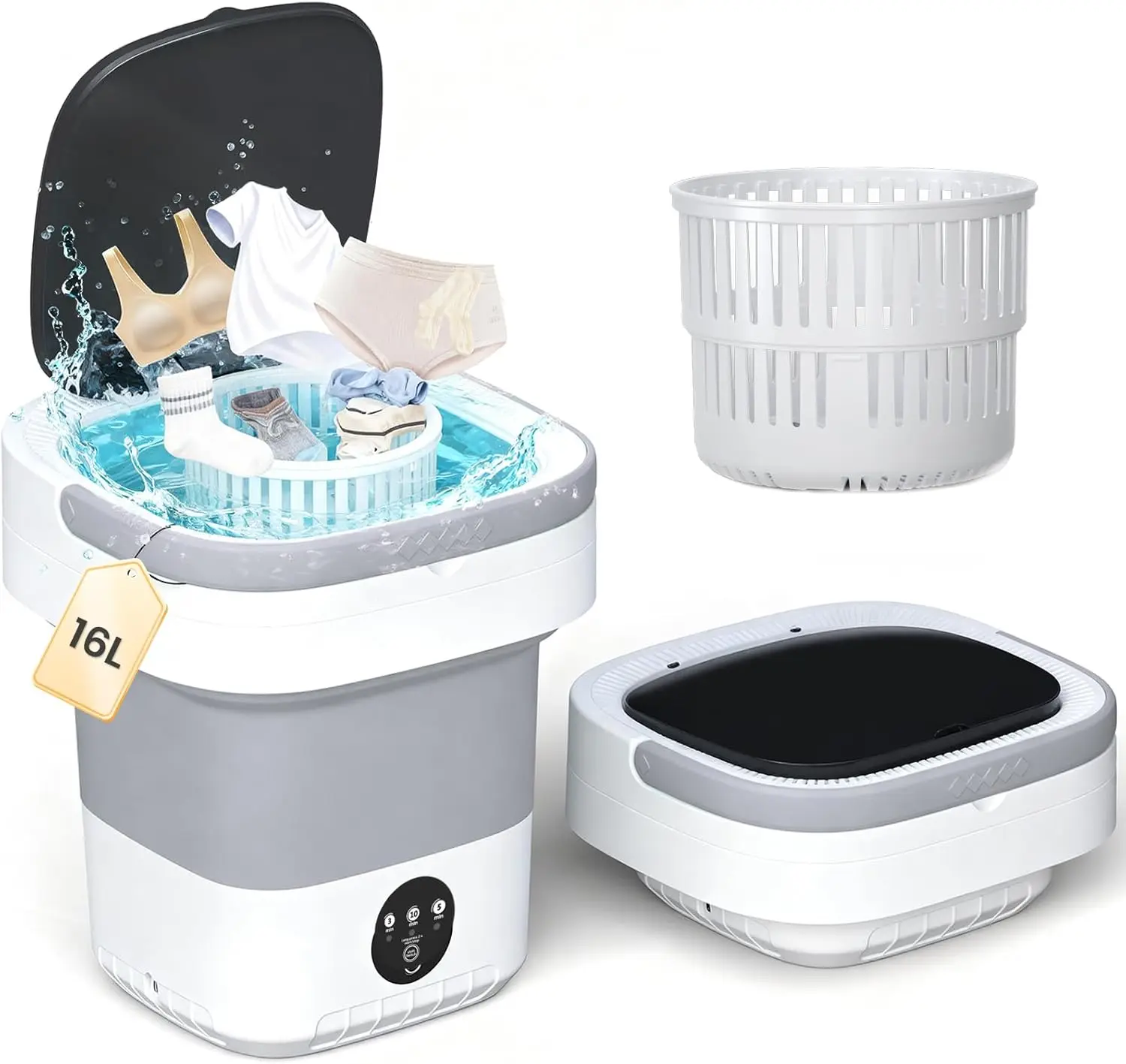 

Portable Washing Machine - 16L Mini Foldable Washer with Spin Basket, 3 Cleaning Modes & Deep Cleaning for Small Clothes