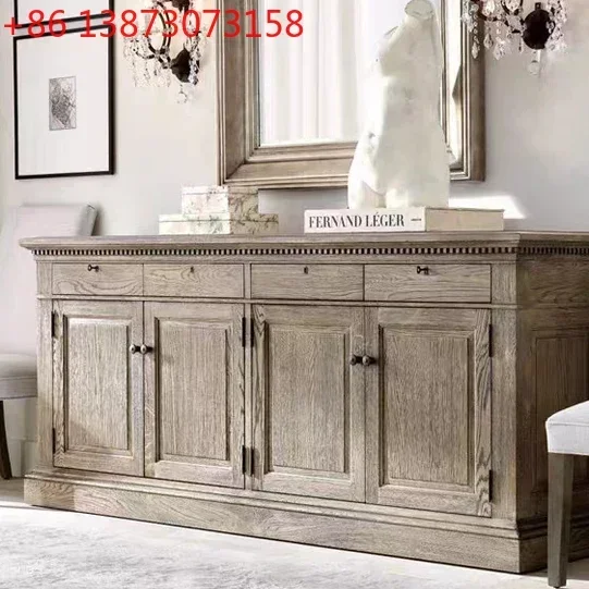 

American solid wood dining side cabinet, log mortise and tenon small apartment, four-door engraved TV cabinet, retro and old
