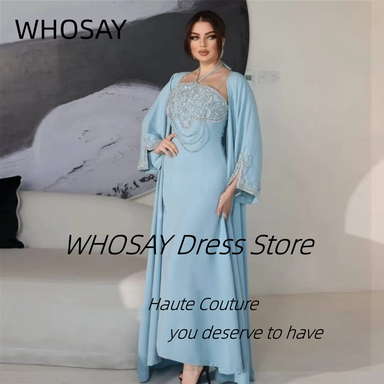 WHOSAY Saudi Arabia Dubai Evening Dresses Halter Neck Beaded Customized Prom Dress Long Sleeves Dustcoat Formal Party Gowns