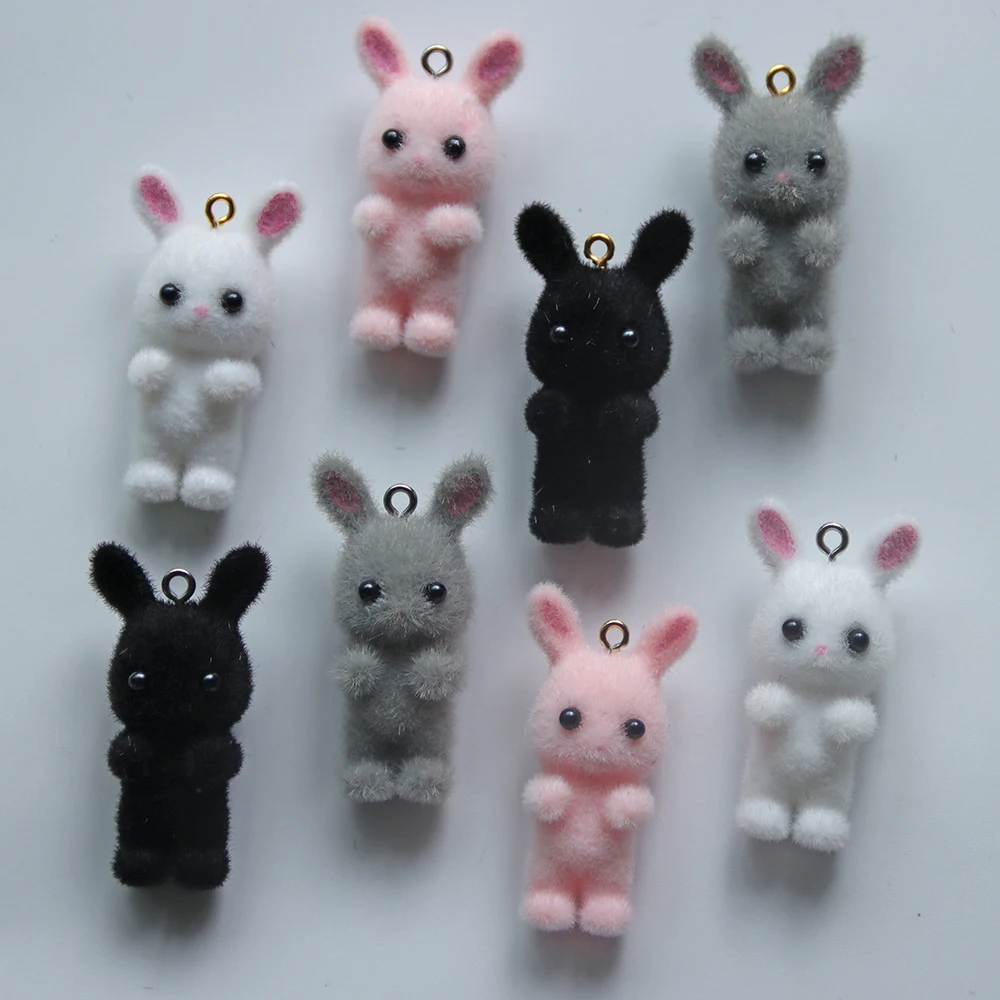 30PCS Rabbit Pendant Kawaii 3D Fluffy Flocking Animal Charms Miniature Dolls Keychain Necklace Earring  DIY  Jewelry Making