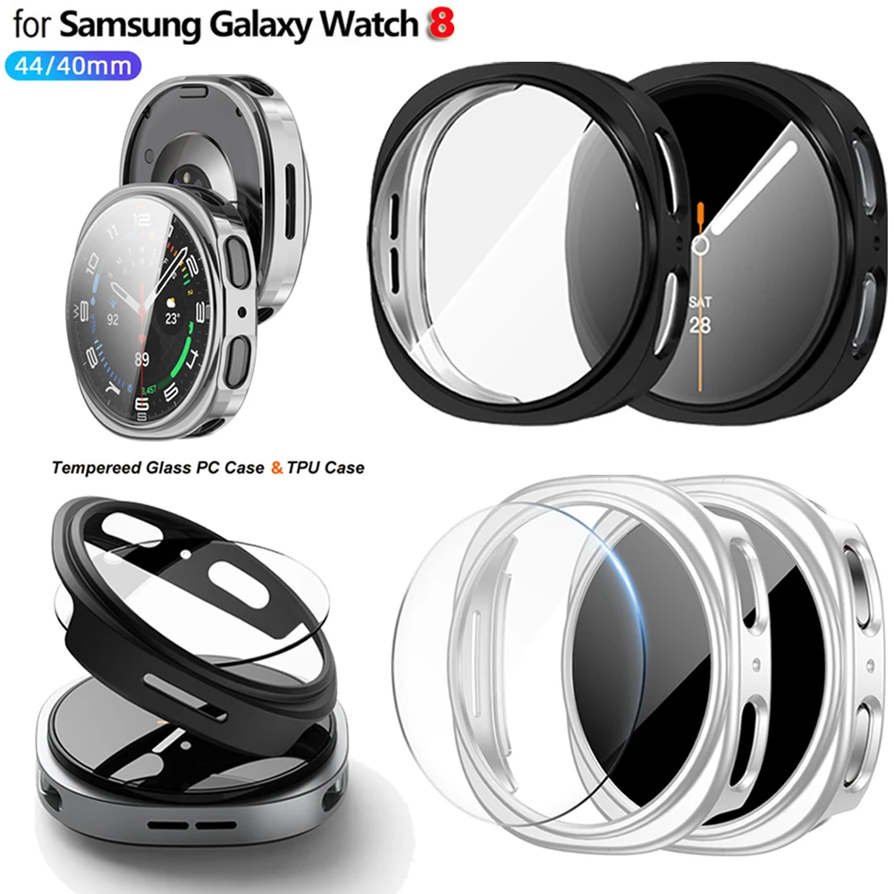 Закаленное стекло + чехол для часов из ПК для Samsung Galaxy Watch 8, 40 мм, 44 мм, аксессуары с ТПУ, чехлы для Galaxy Watch 8, протектор