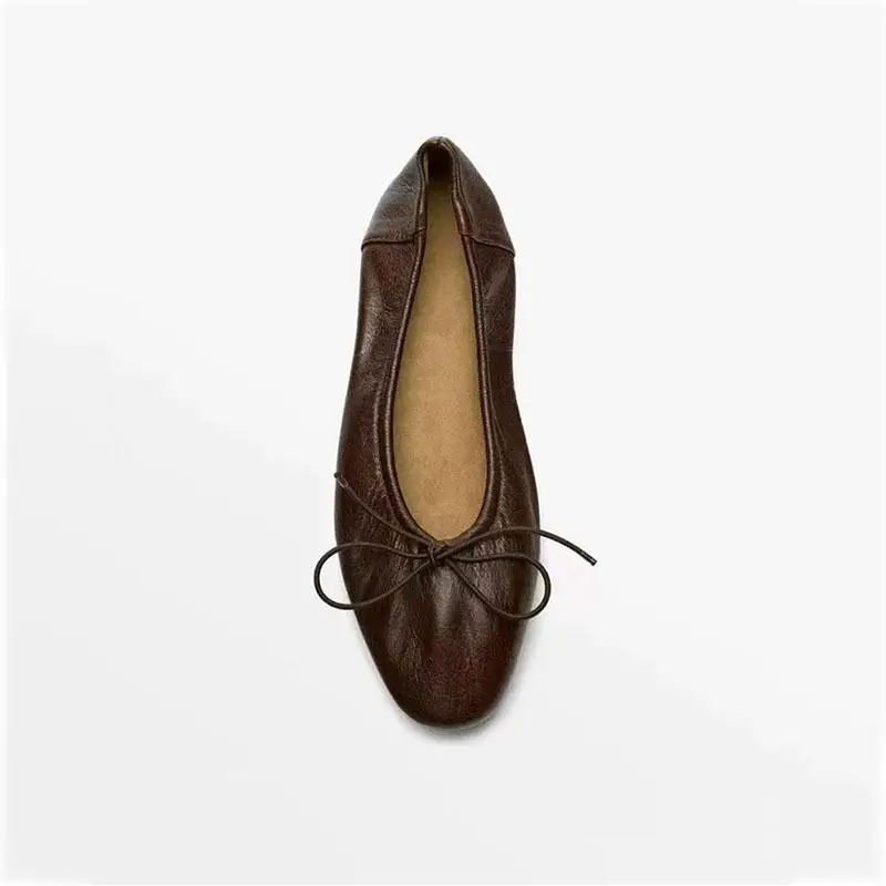 Withered Southern French Minimalist Leather Women's Flats And Loafers Elegant Women's Shoes Brown Pleated Bow Ballet Shoes Woman