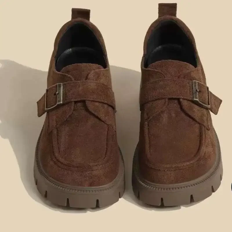 

Women's Height-Increasing Thick-Heeled Shoes British Retro Loafers Commuter Flat Shoes round Toe Spring Autumn Velvet Cloth Lini