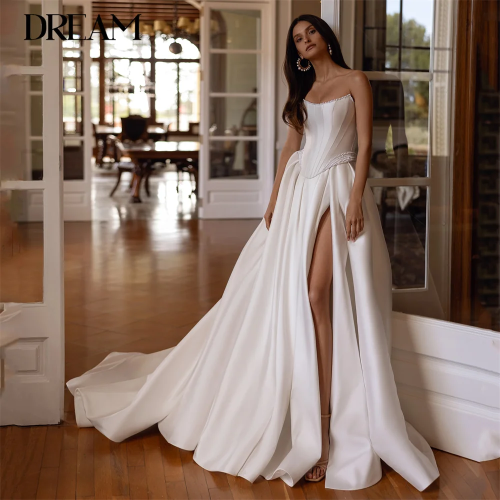 

DREAM Satin A-Line Long Wedding Dress Boat-Neck Pearls Beading Pleat High Slit Open Back Bridal Gown Vestido De Noiva Customized