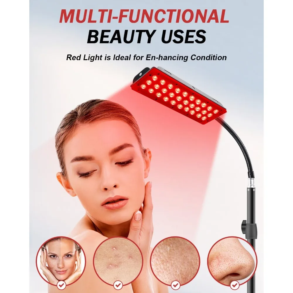 Lampa do terapii światłem czerwonym ze statywem, 660nm światło czerwone i 850nm blisko podczerwone światło, urządzenie do terapii światłem do użytku domowego na całe ciało, również do oczu.