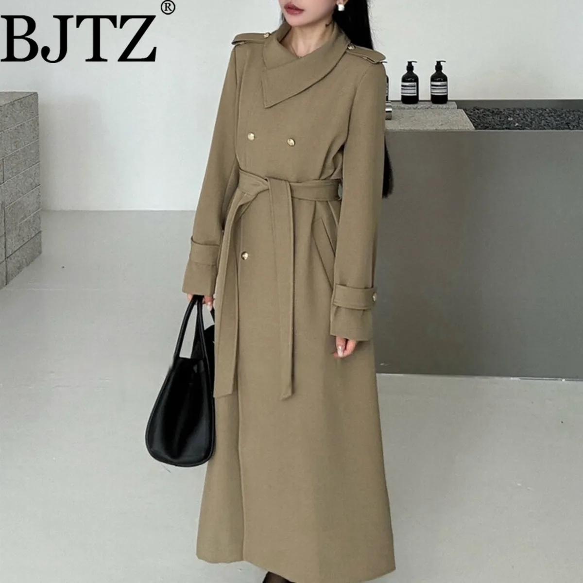 

BJTZ 2025 осень-зима женский оверсайз с лацканами облегающий длинный плащ с поясом на талии ветрозащитный теплый офисный шикарный повседневная верхняя одежда