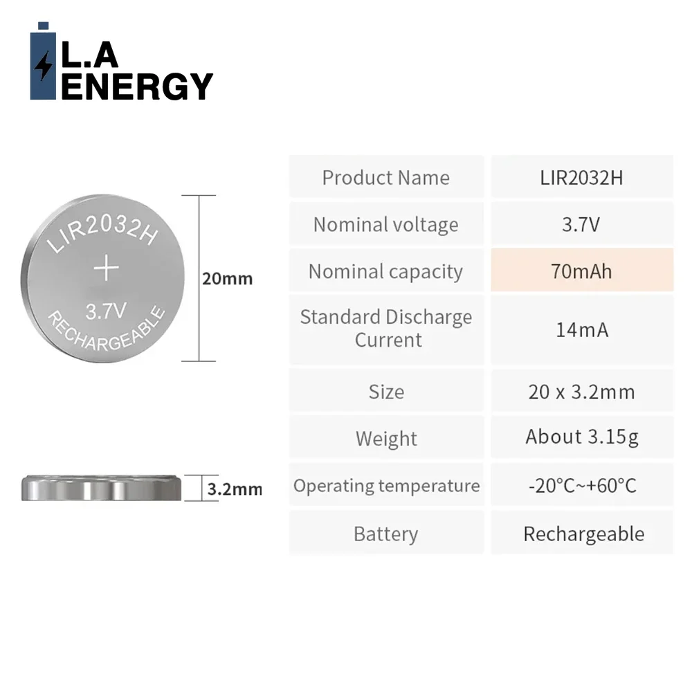 2PCS 70mAh LIR2032H 3.7V High Capacity Rechargeable Lithium Battery LIR2032 H Battery Lithium Cell Coin Batteries