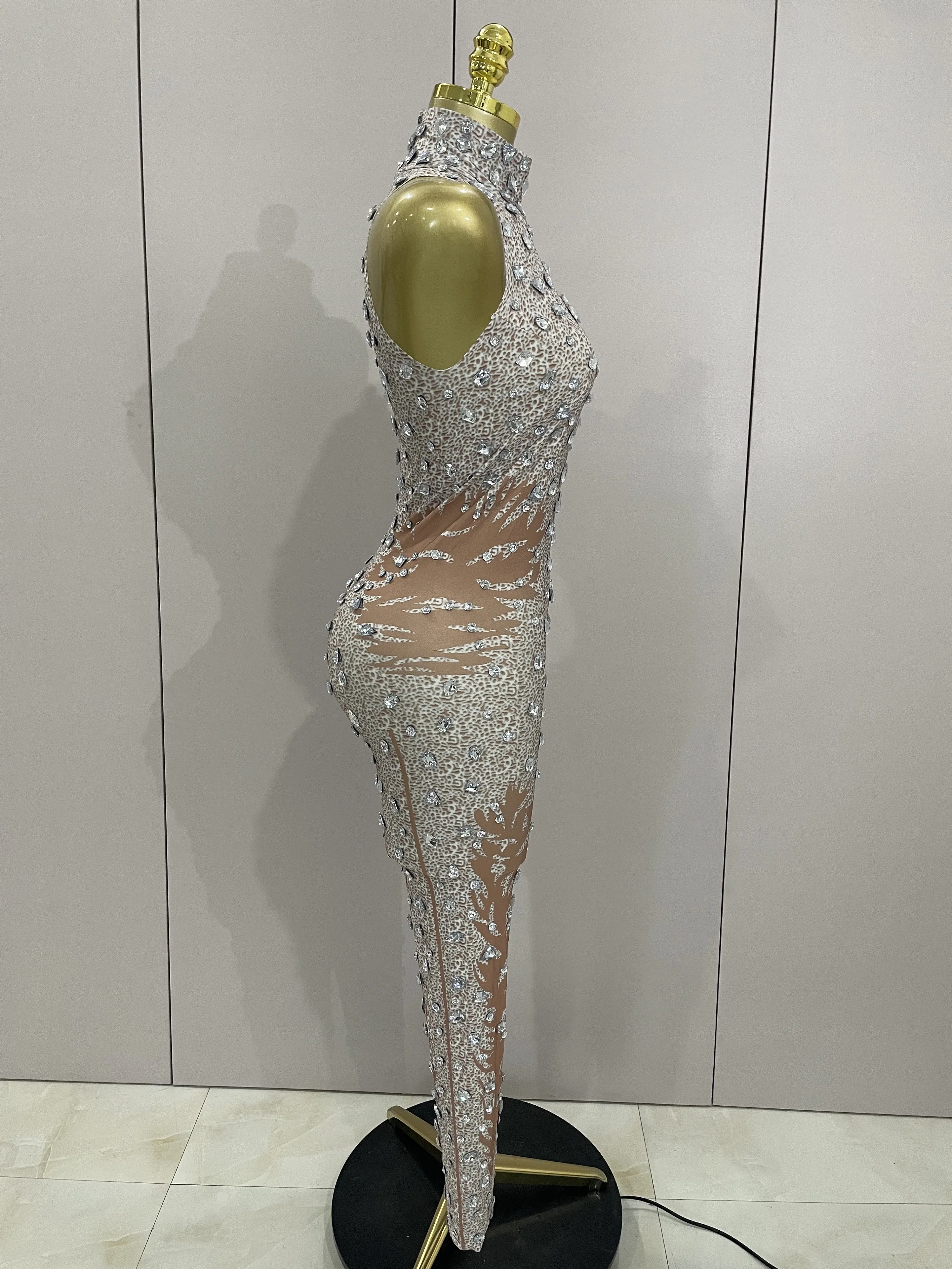 مثير سباركلي الراين أكمام غمد بذلة النساء احتفال مساء حفلة عيد ميلاد ملهى ليلي الرقص الفاخرة المرحلة الزي