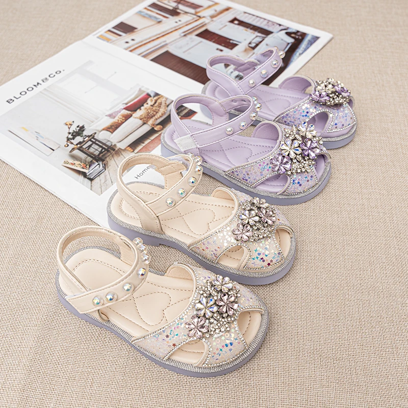 Girls Glitter Flowers Sandals Children Toes Capped Princess Sandals Peep Toe Kids Summer Beach Shoes Size 25-36