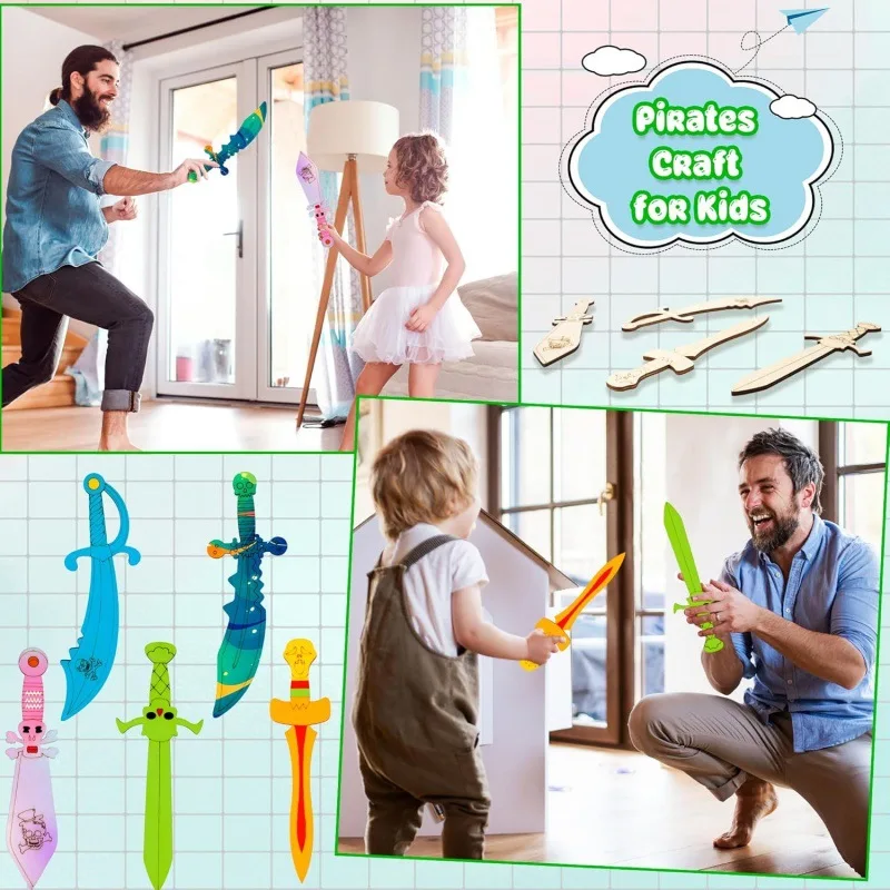 16/32pcs Unfinished Wooden Pirate Sword Set Including Various Shaped Blank Swords, Wooden Sword Pirate Sword - view 3