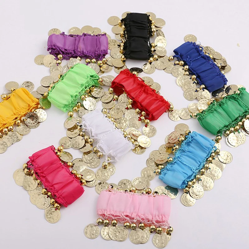 1Pcs Belly Dance Metal Coin Bracelets Belly Dancing Wrist Ankle Cuffs Bracelets Chiffon Gold Coin Belly Dance Accessories