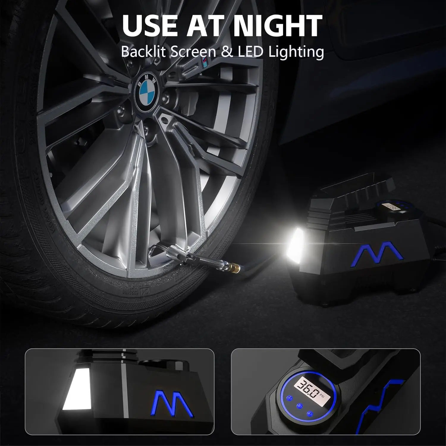 ضاغط هواء محمول 150 رطل لكل بوصة مربعة لإطارات السيارات والدراجة، 12 فولت تيار مستمر مع مقياس رقمي وإضاءة LED - أزرق