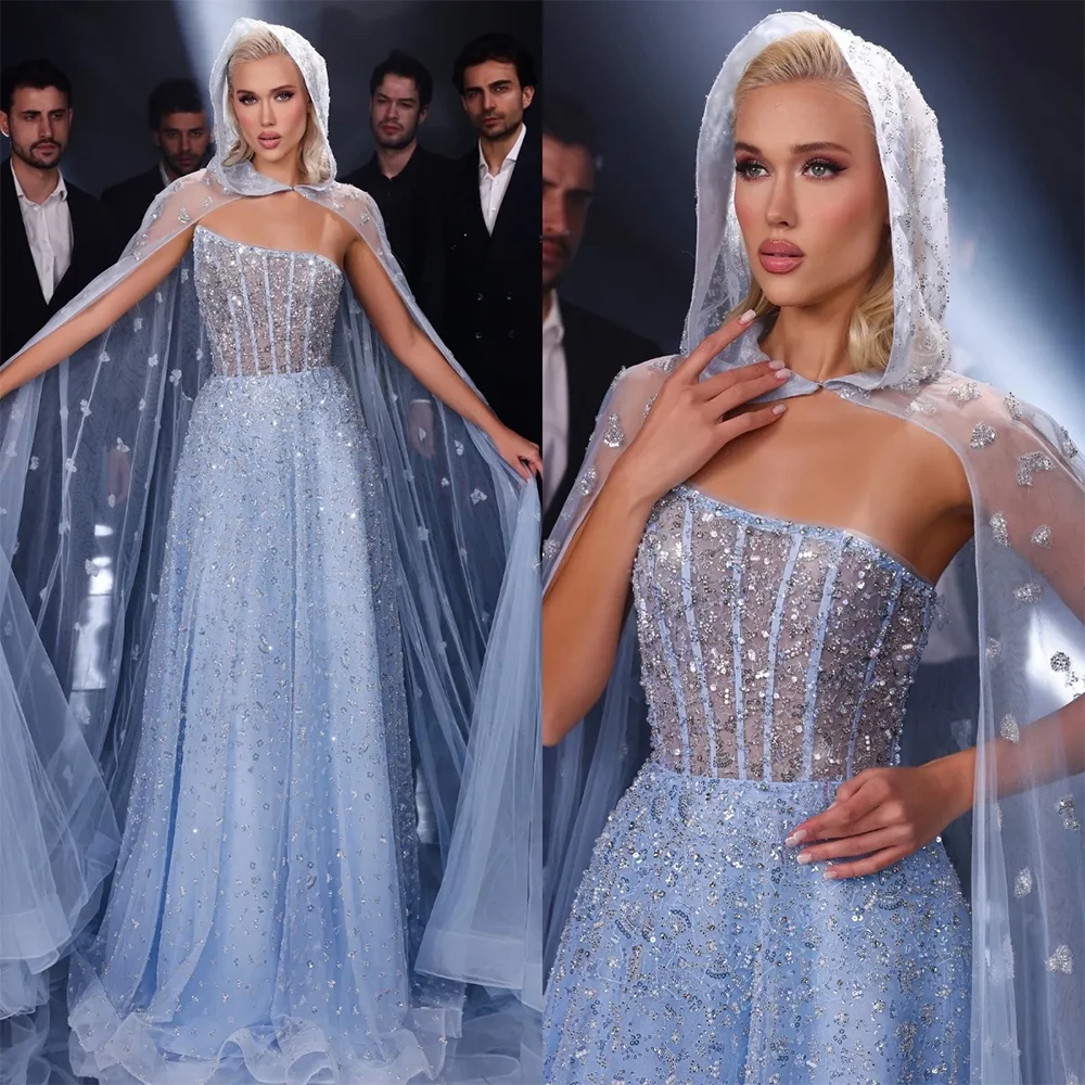 Luxury Evening Dresses for Pretty Women Fashion Strapless Floor Length Sweep Train Gowns Formal Sleeveless Crystal Party Dress