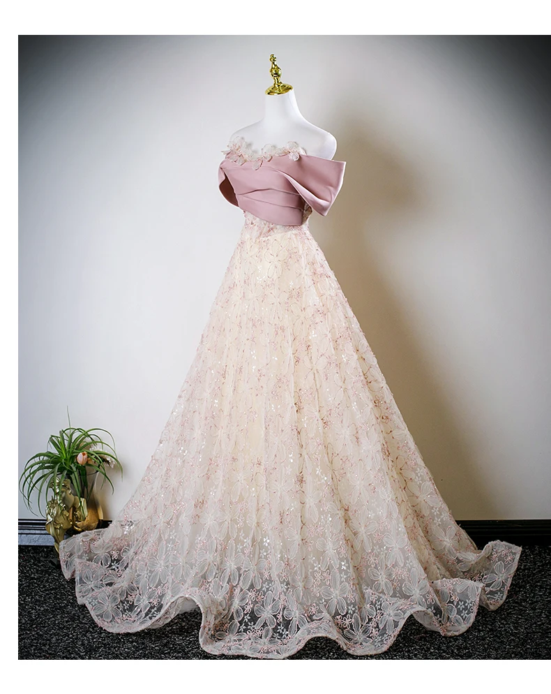 

Fairy Pink Evening Dress Embroidery Flowers Party Dress Prom Gowns Handmade Flowers