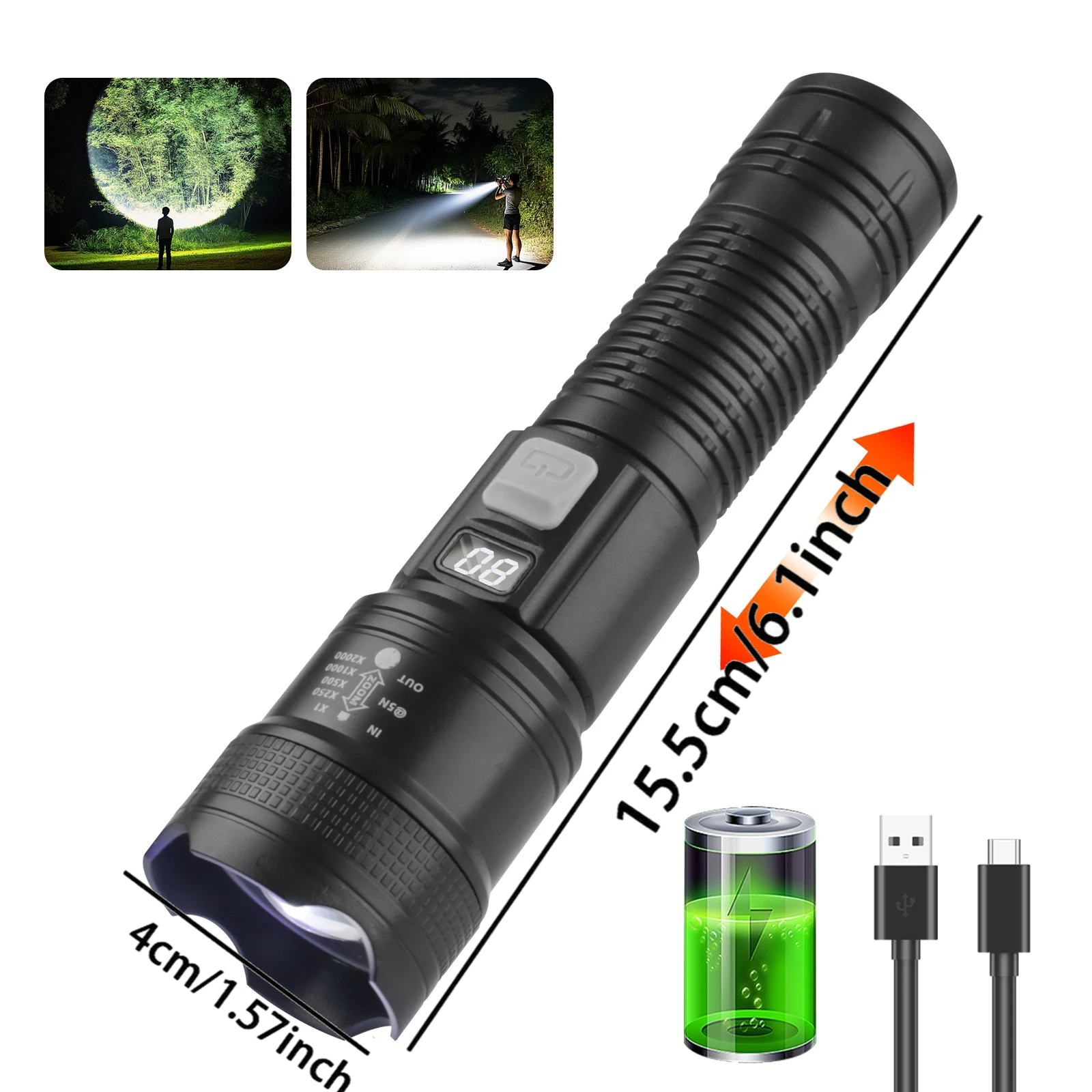 مصباح يدوي LED قابل لإعادة الشحن، شعلة زوومابلي مع شاشة LCD، 3 أوضاع مقاومة للماء، مصباح يدوي عالي الطاقة للتخييم في الهواء الطلق