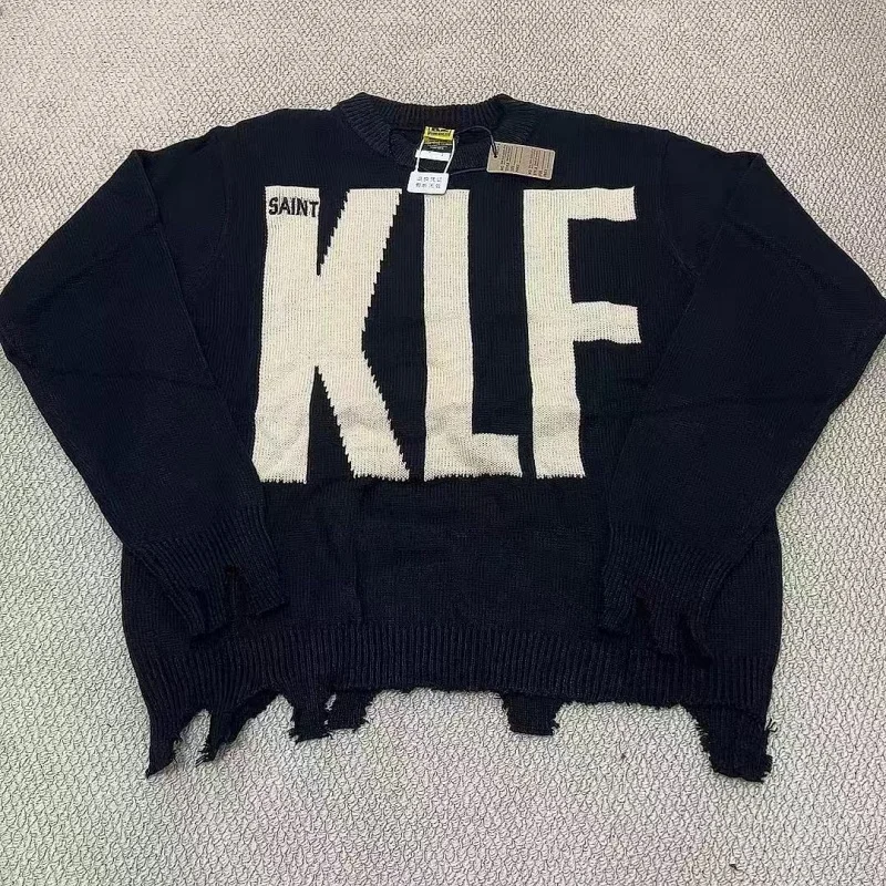 Black Saint Jacquard Letterprint Winter Crew-Neck Distressed Sweater High-Street Hip-Hop Oversized High-End Apparel