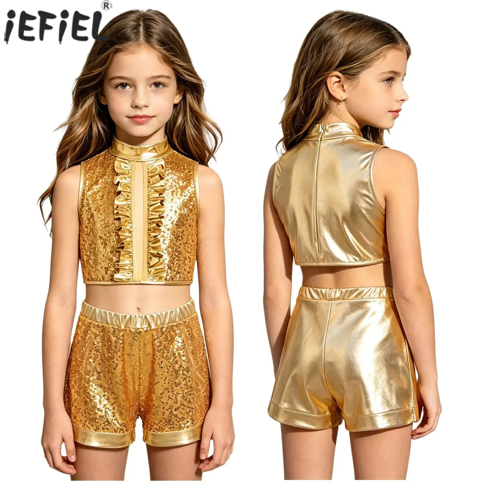 Kids Girls Metallic Shiny Jazz Dance Outfit Sleeveless Sequin Ruffles Crop Top with Shorts Disco Party Hip Hop Street Dancewear