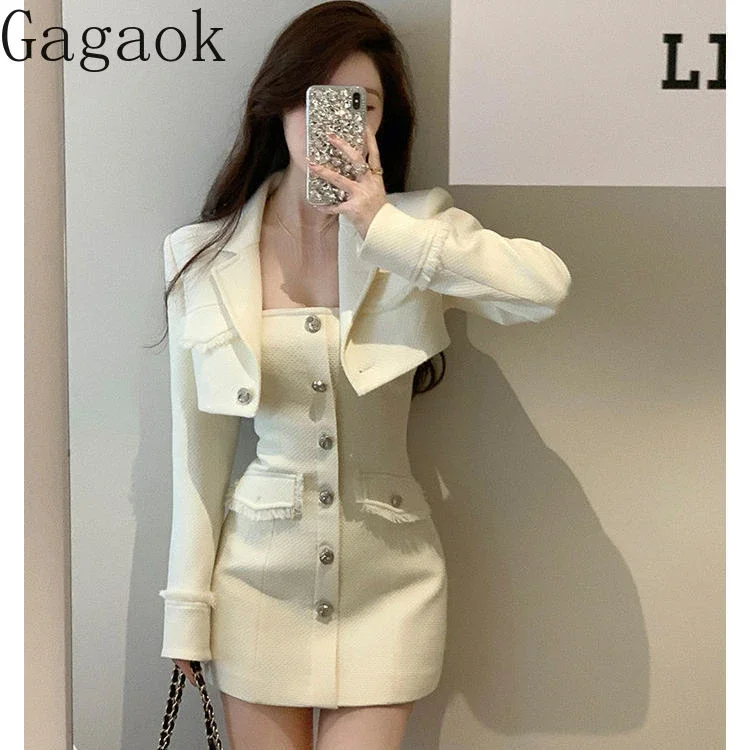 Gagaok Two Piece Set Women  Autumn Solid Streetwear Korean Sexy Women's Tassel Coat High Waist Slim Half Skirt