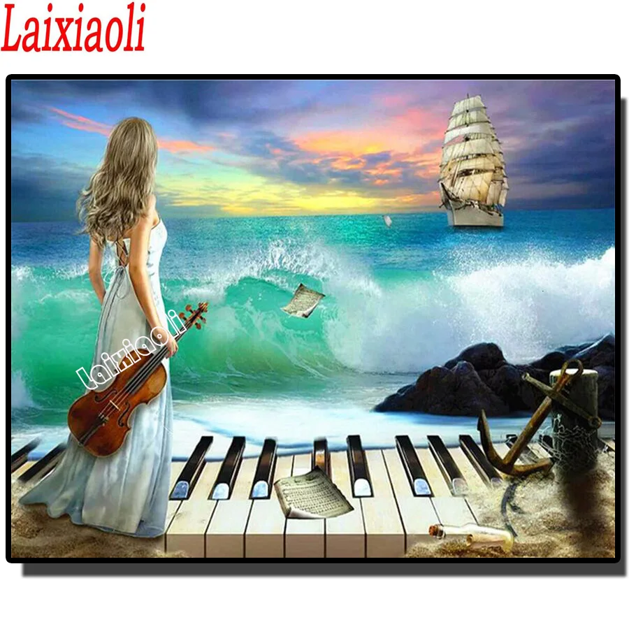

Diamond Painting Girl Scenery Diamond Embroidery Full drill Violin and piano art, Diamond Mosaic fantasy sea ship Cross Stitch