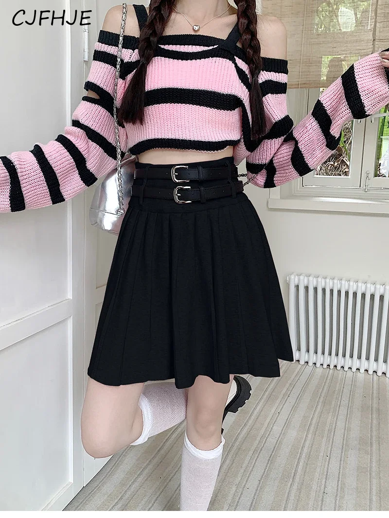 CJFHJE Pink Double Belt Knitted Pleated Mini Skirts High Waist Loose Casual A-Line Khaki Skirts Solid Color Korean Fashion Skirt