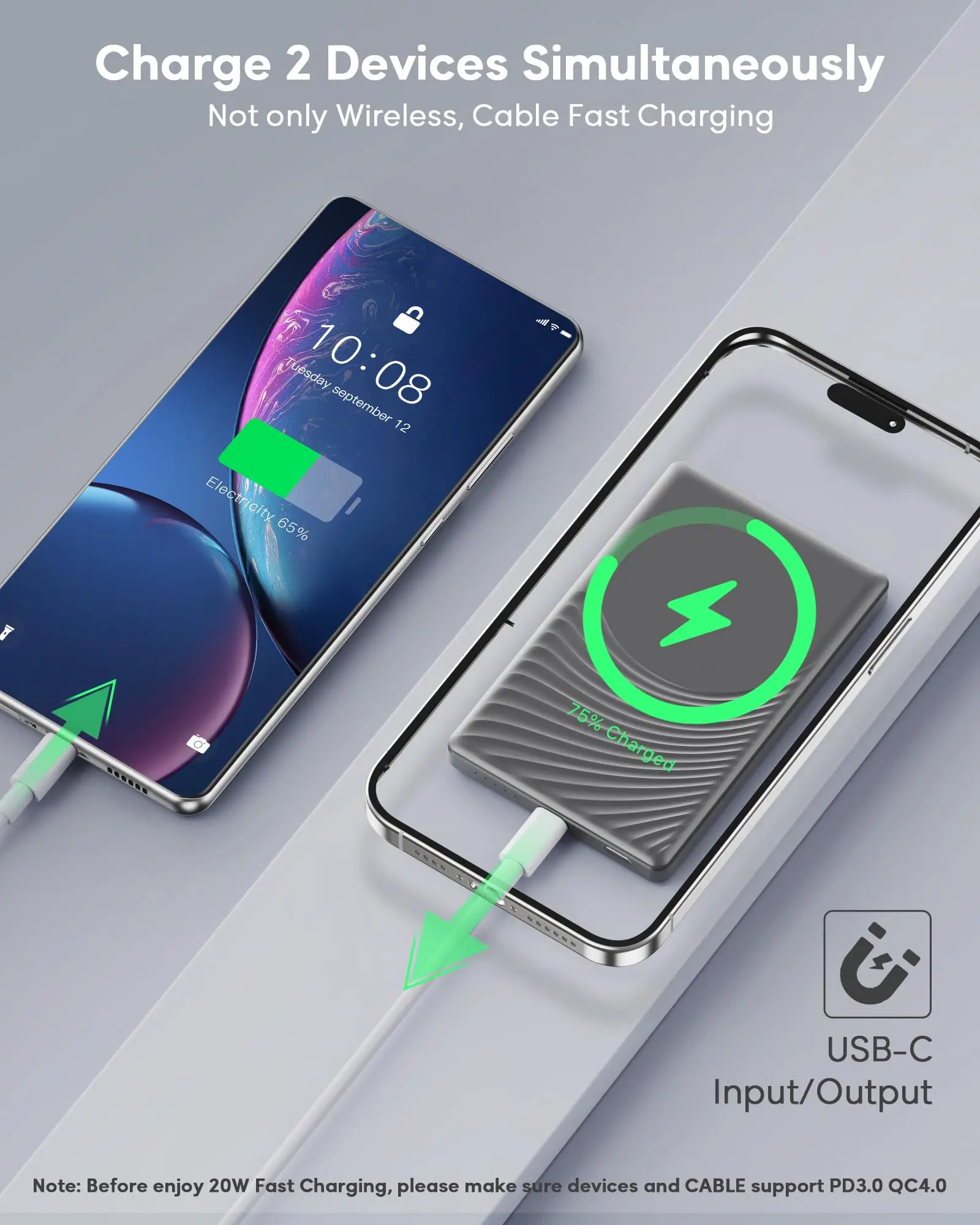 5000mAh Magnetic Power Bank, Wireless & 20W Fast Charger, for iPhone, Samsung (Type-C), Travel Portable Phone Battery Pack. view 5