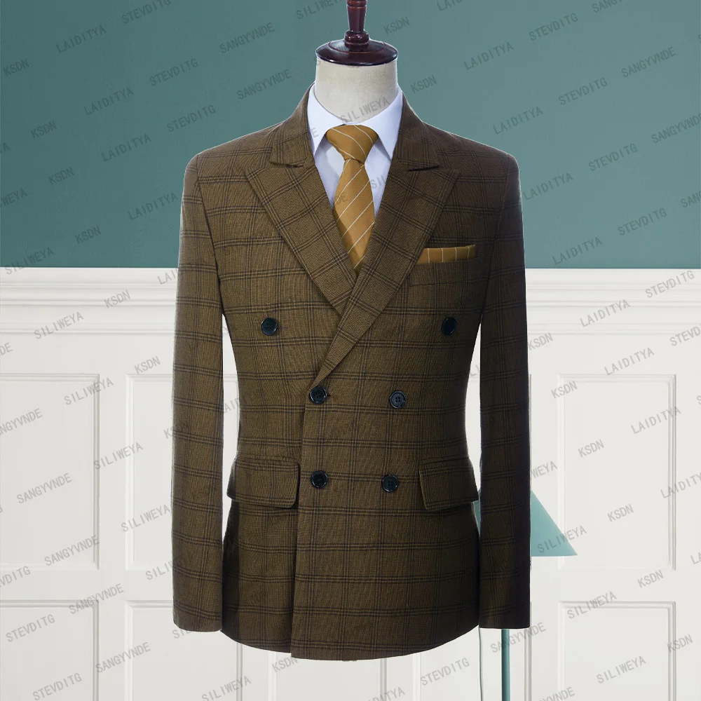 

2023 New Arrival Brown Reto Classic Plaid Mens Formal Business Suits Linen Summer Groom Wedding Social Dress Jacket Blazer Coat