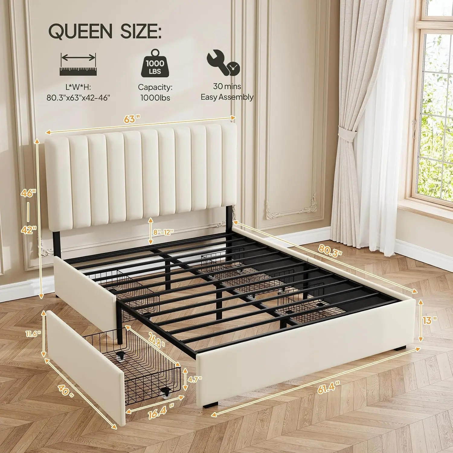 Velvet Queen Bed Frame with 4 Drawers, Upholstered Platform with Tufted Headboard, 3-Level Height, No Box Spring, Customized