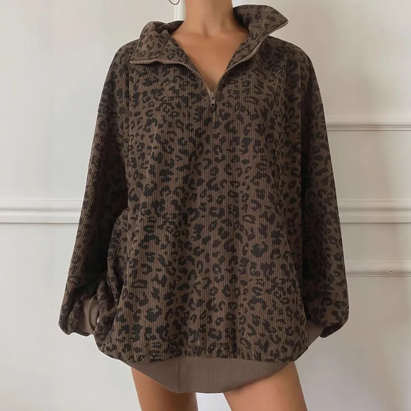 

2026 New Retro Leopard Print Stand Up Collar Women Jacket Early Spring Design Casual Style Leisure Loose Mid Length Women Top