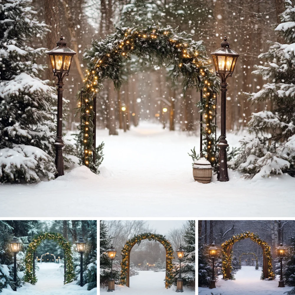 Winter Snowy Forest Arch Photography Backdrop Pine Garland Warm String Light Vintage Street Lamp Xmas Portrait Shoot Background