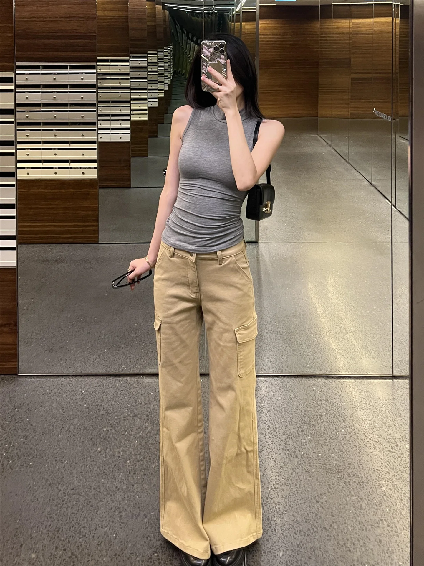 

Американские джинсы свободного кроя с низкой талией в рабочем стиле, женские, весна-осень, цвет хаки, повседневные, свободные, стройнящие, крутые