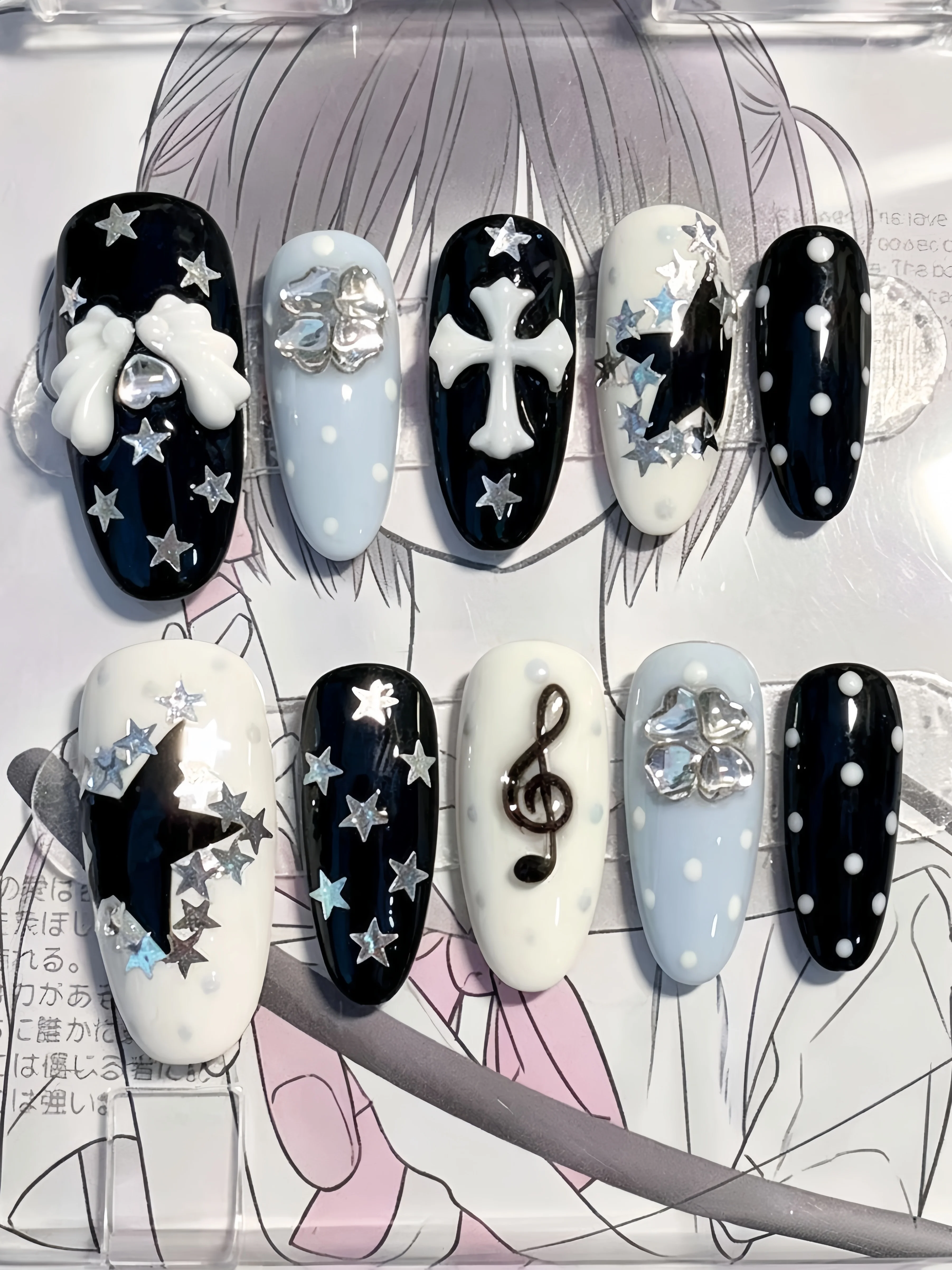 10-Piece Set, Medium Oval-Shaped Black, White, Gray, and Blue Star Cross Press-On Nails, Anime-Style Polka Dots, Wings, Musical Notes, Y2K Sweet Cool Style Nail Art