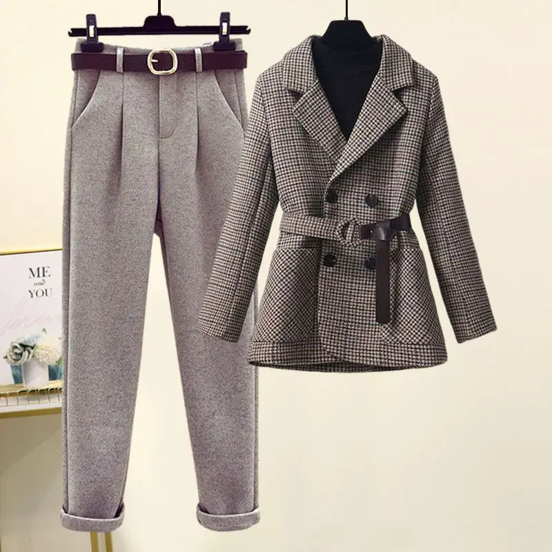 Korean Style Belt Decoration Vintage Jacket Blazer Flocked Casual Pants Two-piece Elegant Women\'s Office Pants Suit