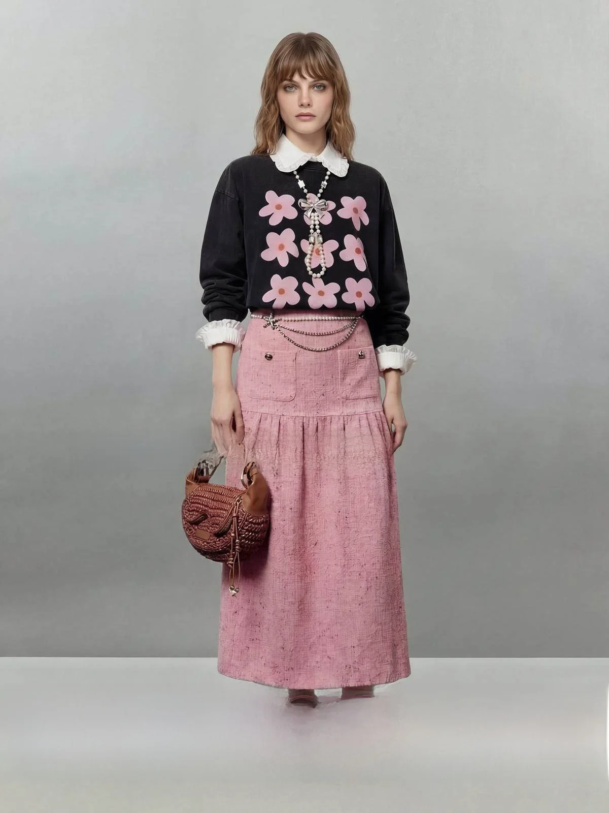 

Новая женская осенняя футболка с длинным рукавом и круглым вырезом, розовая, с винтажным цветочным принтом, свободного кроя