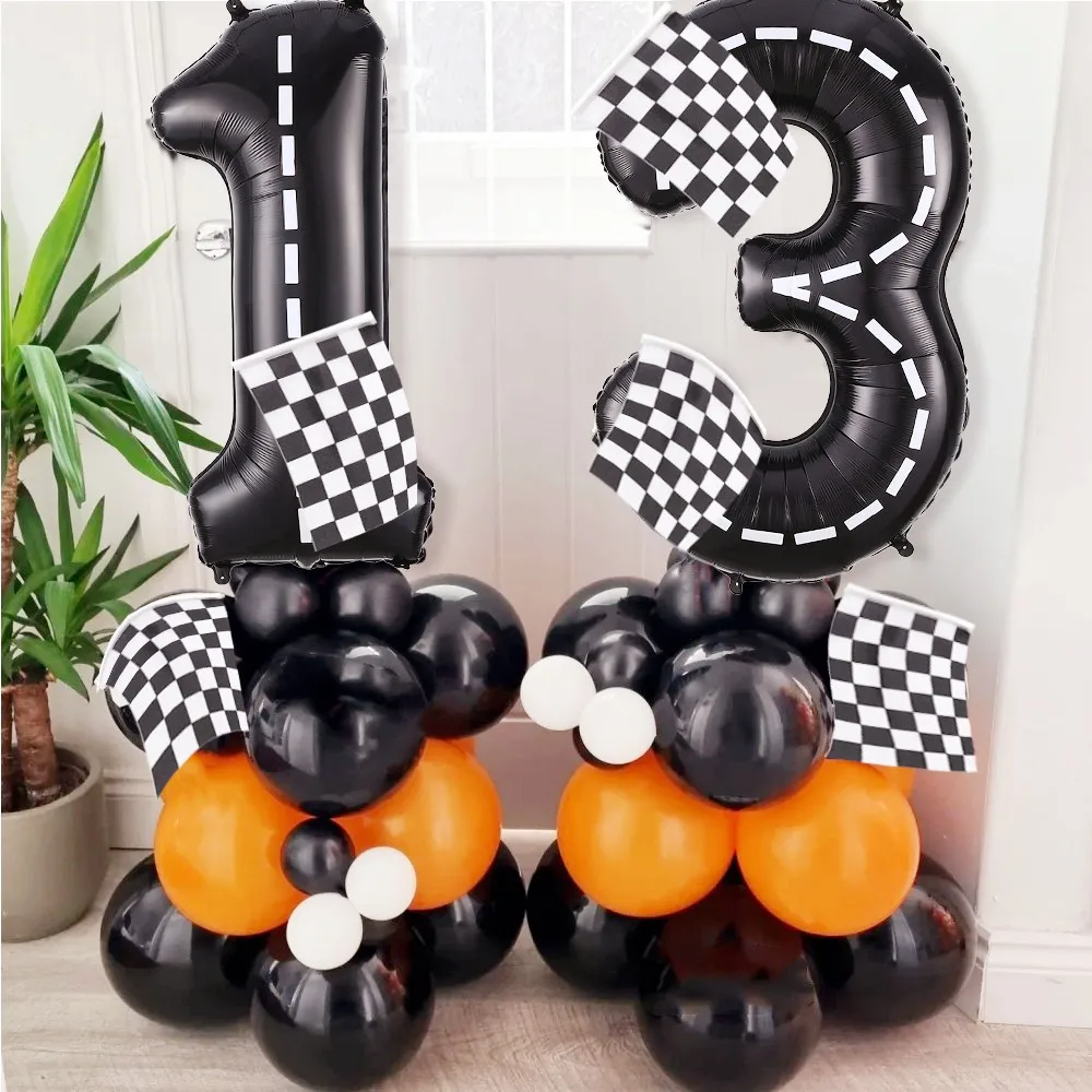 44/47pcs Racing Car Black White Lattice Flag Number Foil Balloons Baby Shower Birthday Party  Family  Dinner Decoration Supplies