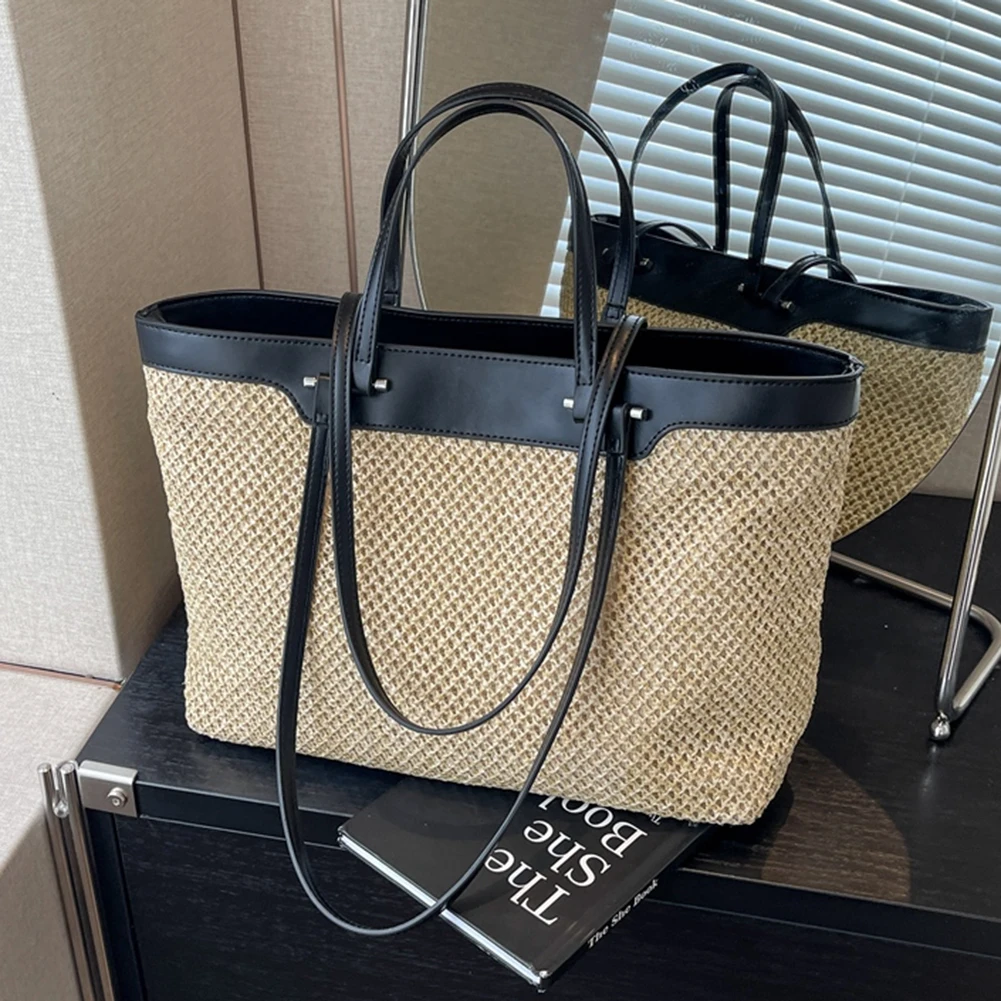 Crochet Tote Handbags for Women Fashion PU Leather Woven Shoulder Bags Raffia Large Shopping Bag Rattan Summer Beach Tote Bag