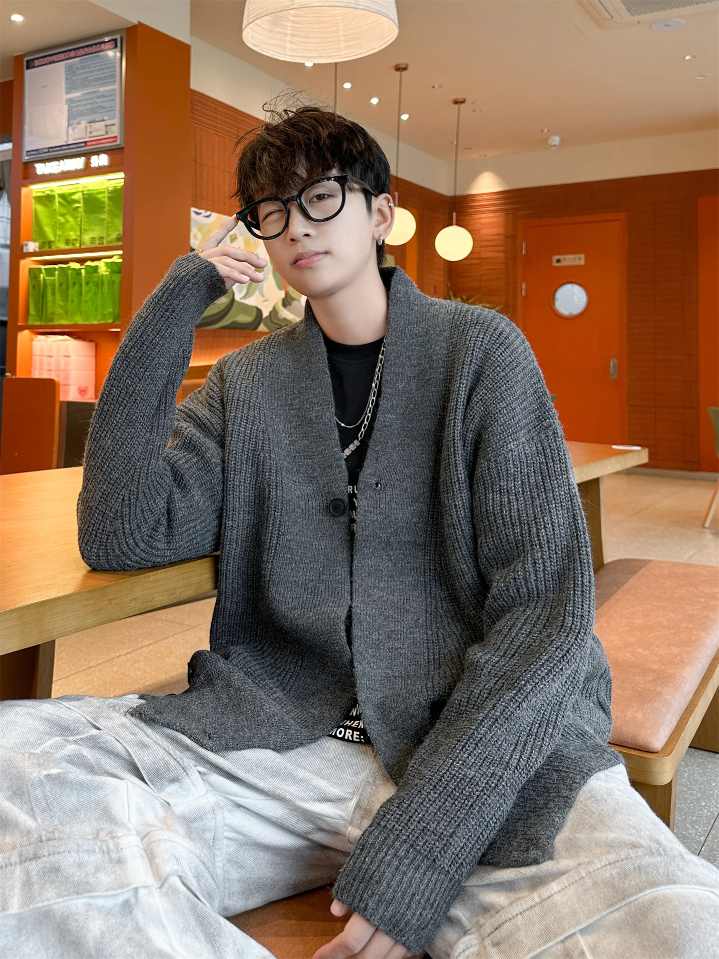 

Мужской вязаный кардиган American Sle с V-образным вырезом, свободный повседневный винтажный универсальный свитер-жакет с длинными рукавами для весны