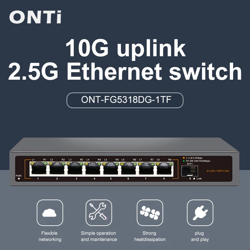 

ONTi 2.5GbE Unmanaged Ethernet Switch 8 Port 2.5GBASE-T Network Switch with 10G SFP+ Port Plug and Play Fanless Homelab Switch