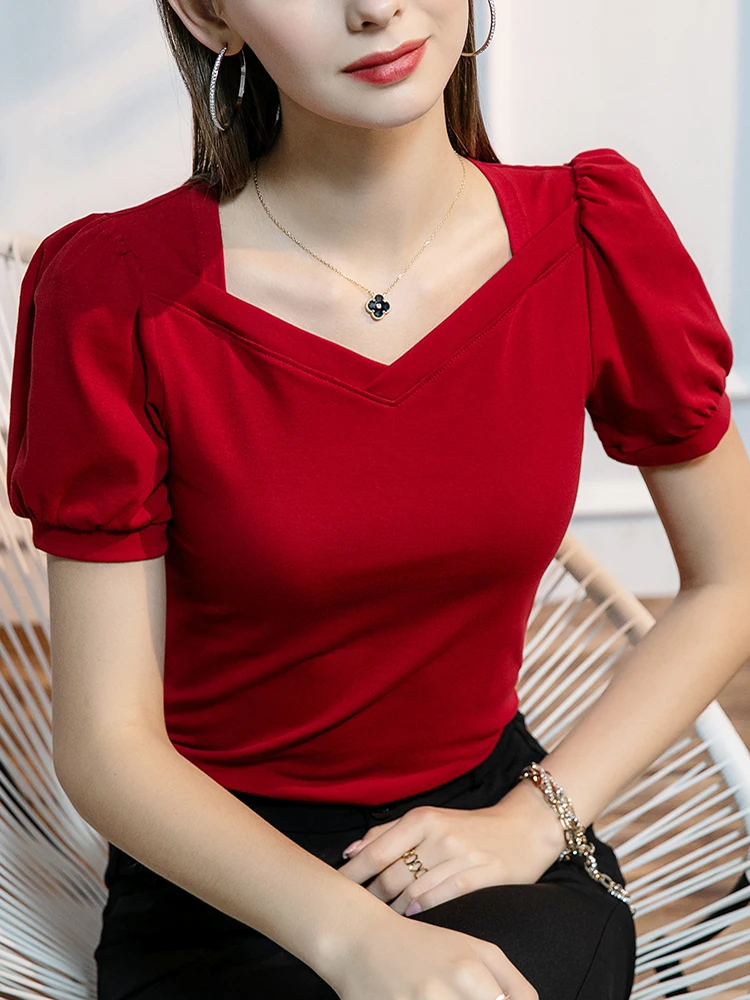 Summer New French Retro Puff Sleeve T-shirt Women\'s Short-sleeved Slim Cotton Square Collar Spring and Summer Solid Color Top