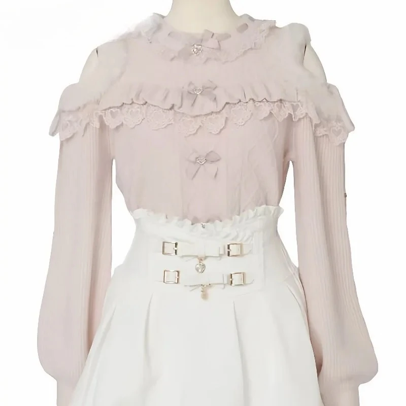 الحلو فتاة تنوعا طويلة الأكمام البلوز الخريف الشتاء جديد اليابانية ليز نمط خارج الكتف Bowknot أفخم محبوك القمم #5