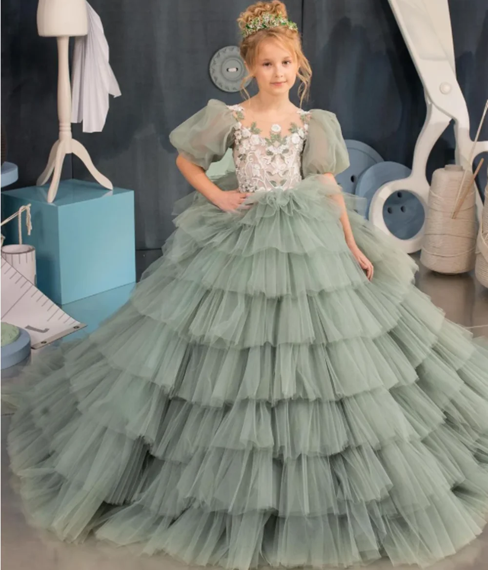 Vestido de flores verdes hinchadas para niña, vestido de princesa para primera comunión, manga de casquillo, vestido de fiesta de boda