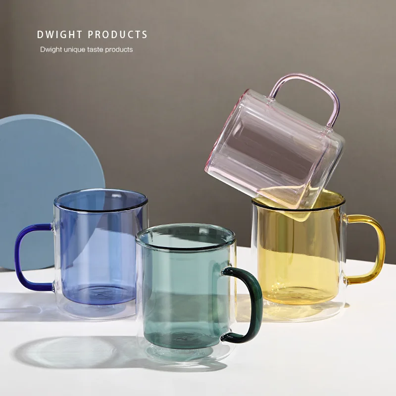 300ml Double-Layer Insulated Mug Handle Glass Water Cup Simple Breakfast Double Colours Glass Household Office Use