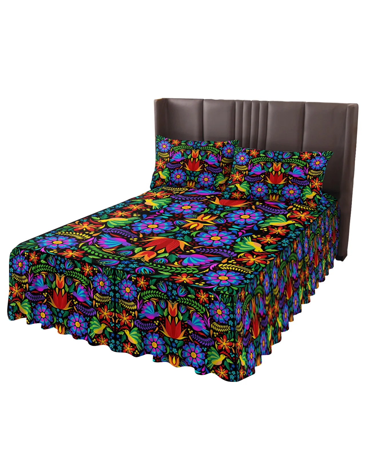 Colorful Mexico Abstract Flower Bed Skirt Elastic Fitted Bedspread With Pillowcases Mattress Cover Bedding Set Bed Sheet