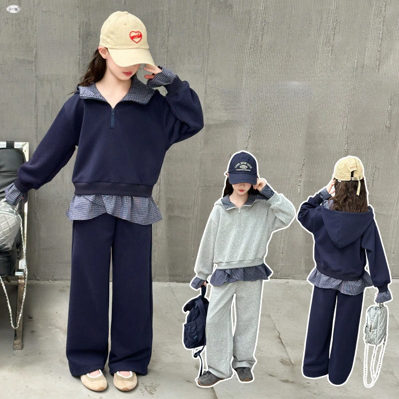 

Girls Clothes Set Spring Autumn 2025 New Checkered Patchwork Hoodie Top & Pants 2pcs Kids Suit Casual Teen Children Tracksuit