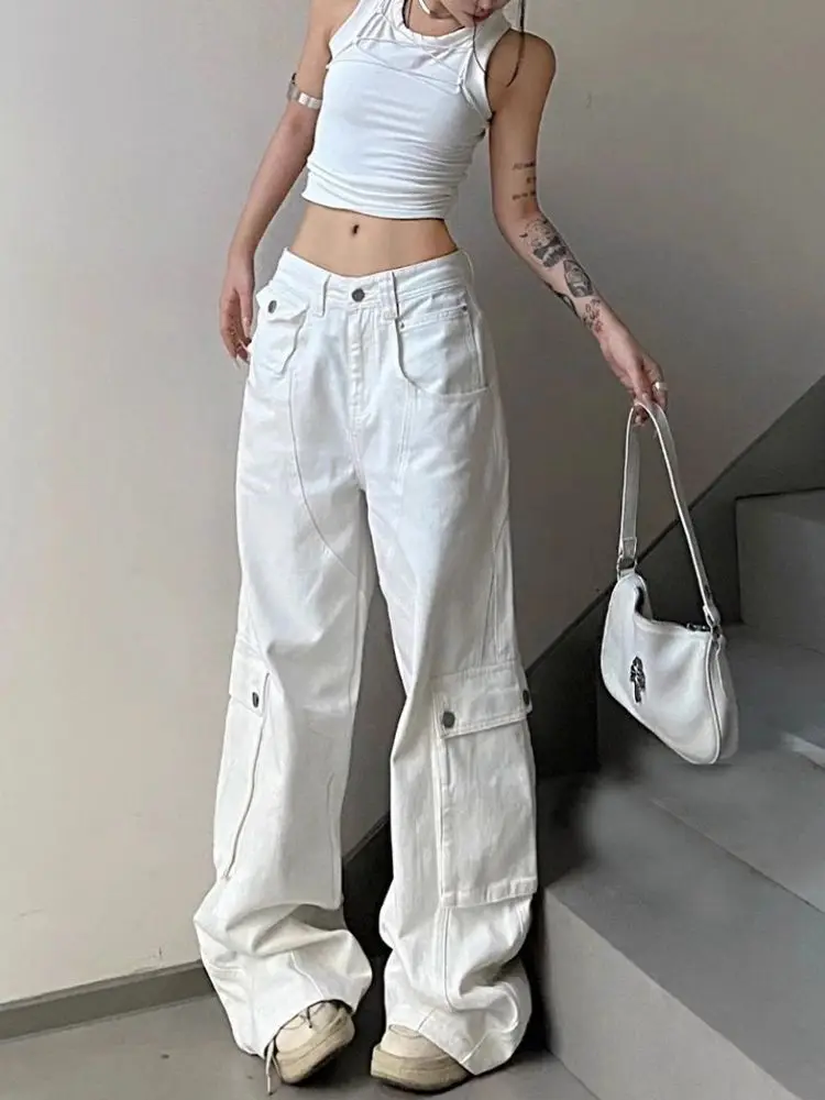 

ADAgirl Women Low Waist Denim Pants Y2k Vintage Loose Korean Style Straight Wide Leg Cargo Jeans Harajuku Causal Ladies Trousers