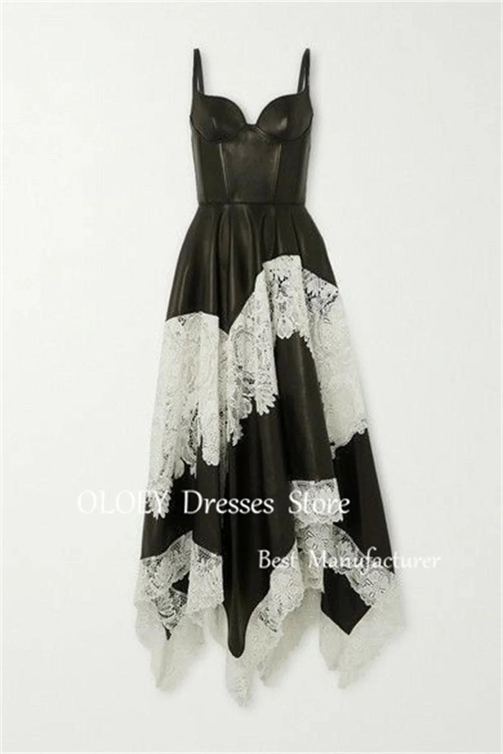 OLOEY Modern 2025 New Black Evening Dress Asymmetrical Wedding Party Dress Leather Lace Custom Made Women Prom Gown Zip Back
