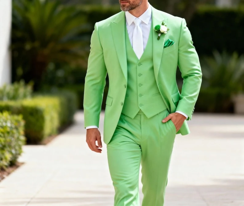 

Men’s Mint Green 3 Piece Suit Slim Fit Blazer Vest Pants Set Wedding Groom Suit Prom and Formal Wear
