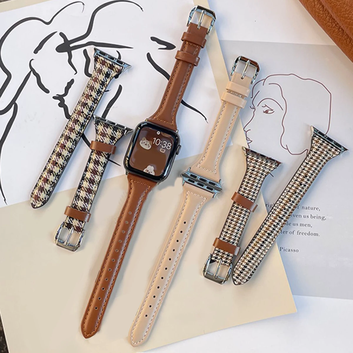 

Leather Bands Compatible Apple Watch Band Slim Replacement Wristband Sport Strap for Iwatch SE Series 9 8 7 6 5 4 3 2 1