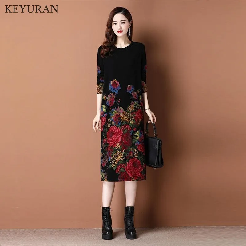 Round Neck Winter Knit Dress Women 2023 Autumn Winter Vintage Printed Long Sleeved Loose Pullover Sweater Dress Over The Knee