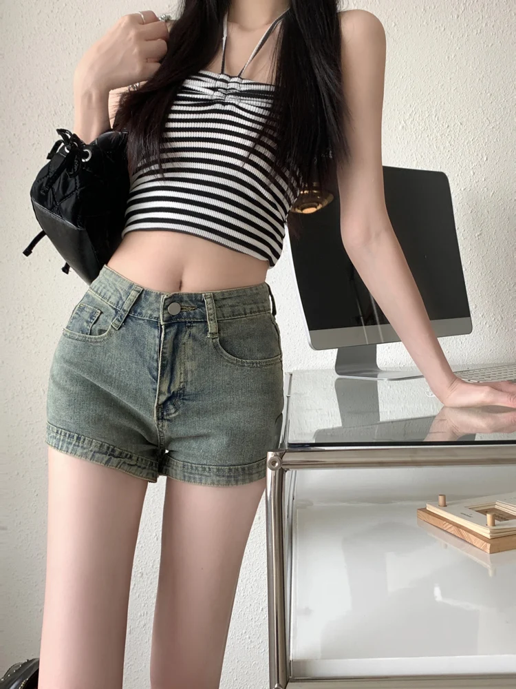 الرجعية الأمريكية الدنيم orts المرأة رقيقة عالية الخصر مطاطا ألف خط السراويل الساخنة الصيف Faion المضادة للتجاعيد الحفاظ على القرد