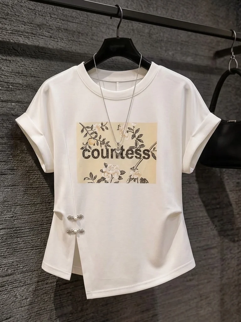 Summer New plus Size Women's T-shirt Short Sleeve Regular Fit Commute Style Korean Version Micro Fat Friendly Button Detail